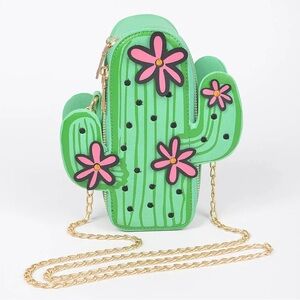 Vegan Leather Cactus-Shaped Green Bag with Gold Chain